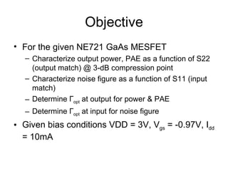 Objective For the given NE721 GaAs MESFET Characterize output power, PAE as a function of S22 (output match) @ 3-dB compression point Characterize noise figure as a function of S11 (input match) Determine  Г opt  at output for power & PAE Determine  Г opt  at input for noise figure Given bias conditions VDD = 3V, V gs  = -0.97V, I dd  = 10mA 