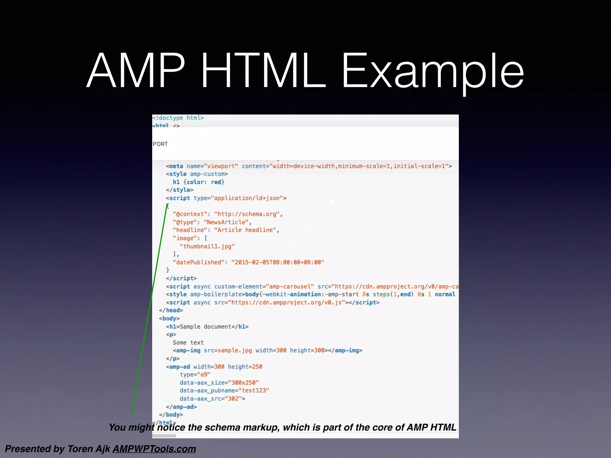 Presented by Toren Ajk AMPWPTools.com
AMP HTML Example
You might notice the schema markup, which is part of the core of AMP HTML
 
