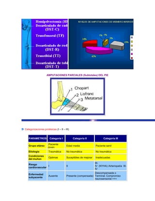 AMPUTACIONES PARCIALES (Subtotales) DEL PIE
Categorizaciones protésicas (I – II – III)
PARAMETROS Categoría I Categoría II Categoría III
Grupo etáreo
Paciente
Joven
Edad media Paciente senil
Etiología Traumática No traumática No traumática
Condiciones
del muñon
Optimas Suceptibles de mejorar Inadecuadas
Riesgo
cardiovascular
I II
III-
IV (NYHA) /Arteriopatía III-
IV
Enfermedad
subyacente
Ausente Presente (compensada)
Descompensada o
Terminal. Compromiso
neurosensorial +++
 