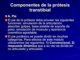 Componentes de la prótesis transtibial <ul><li>A. Pie </li></ul><ul><li>El pie de la prótesis debe proveer las siguientes ...