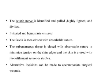 • The sciatic nerve is identified and pulled ,highly ligated, and
divided.
• Irrigated and hemostasis ensured.
• The fascia is then closed with absorbable suture.
• The subcutaneous tissue is closed with absorbable suture to
minimize tension on the skin edges and the skin is closed with
monofilament suture or staples.
• Alternative incisions can be made to accommodate surgical
wounds.
 