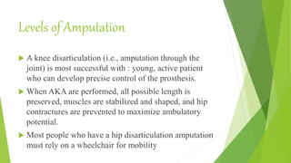 Levels of Amputation
 A knee disarticulation (i.e., amputation through the
joint) is most successful with : young, active patient
who can develop precise control of the prosthesis.
 When AKA are performed, all possible length is
preserved, muscles are stabilized and shaped, and hip
contractures are prevented to maximize ambulatory
potential.
 Most people who have a hip disarticulation amputation
must rely on a wheelchair for mobility
 