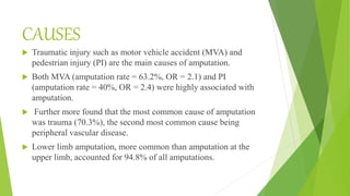 CAUSES
 Traumatic injury such as motor vehicle accident (MVA) and
pedestrian injury (PI) are the main causes of amputation.
 Both MVA (amputation rate = 63.2%, OR = 2.1) and PI
(amputation rate = 40%, OR = 2.4) were highly associated with
amputation.
 Further more found that the most common cause of amputation
was trauma (70.3%), the second most common cause being
peripheral vascular disease.
 Lower limb amputation, more common than amputation at the
upper limb, accounted for 94.8% of all amputations.
 