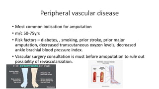 Peripheral vascular disease
• Most common indication for amputation
• m/c 50-75yrs
• Risk factors – diabetes, , smoking, prior stroke, prior major
amputation, decreased transcutaneous oxyzen levels, decreased
ankle brachial blood pressure index.
• Vascular surgery consultation is must before amoputation to rule out
possibility of revascularization.
 