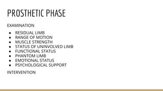 PROSTHETIC PHASE
EXAMINATION
● RESIDUAL LIMB
● RANGE OF MOTION
● MUSCLE STRENGTH
● STATUS OF UNINVOLVED LIMB
● FUNCTIONAL STATUS
● PHANTOM LIMB
● EMOTIONAL STATUS
● PSYCHOLOGICAL SUPPORT
INTERVENTION
 