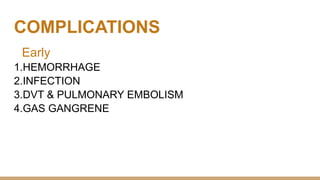 COMPLICATIONS
Early
1.HEMORRHAGE
2.INFECTION
3.DVT & PULMONARY EMBOLISM
4.GAS GANGRENE
 