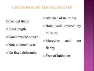  Conical shape
 Ideal length
 Good muscle power
 Non-adherent scar
 No fixed deformity
 Absence of neuroma
 Bone well covered by
muscles
 Muscular and not
flabby
 Free of infection
 