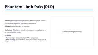 Phantom Limb Pain (PLP)
Deﬁnition: Painful sensation perceived in the missing limb. Distinct
from "phantom sensation" (non-painful awareness).
Prevalence: Affects 60-80% of amputees.
Mechanism: Maladaptive cortical reorganization (neuroplasticity) in
the somatosensory cortex.
Treatment:
• Pharmacologic: Gabapentin, TCA, NMDA antagonists.
• Mirror Therapy: Visual feedback "tricks" the brain to reset cortical
maps.
 
