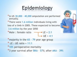 *In US 30,000 – 40,000 amputation are performed
annually.
*There were 1.6 million individuals living with
loss of a limb in 2005. These expected to become
3.6 million by the year 2050
*Male : female ratio LE = 2:1
UE = 4:1
*majority in the 65 - 79 year age group
* LE : UE ratio = 11:1
*10% perioperative mortality
*3 year survival after BKA – 57%; after AKA – 39%
 