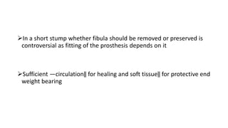 In a short stump whether fibula should be removed or preserved is
controversial as fitting of the prosthesis depends on it
Sufficient ―circulation‖ for healing and soft tissue‖ for protective end
weight bearing
 