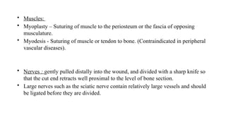 • Muscles:
• Myoplasty – Suturing of muscle to the periosteum or the fascia of opposing
musculature.
• Myodesis - Suturing of muscle or tendon to bone. (Contraindicated in peripheral
vascular diseases).
• Nerves : gently pulled distally into the wound, and divided with a sharp knife so
that the cut end retracts well proximal to the level of bone section.
• Large nerves such as the sciatic nerve contain relatively large vessels and should
be ligated before they are divided.
 