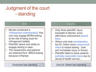 Judgment of the court
    - standing
               D.A.                                 C.A.F.C.

• Myriad constituted a                • Only three plaintiffs‟ injury
  “widespread understanding” that       traceable to Myriad, since
  one may engage BCRA testing           affirmative enforcement toward
  at the risk of being sued for         them.
  infringement liability              • Others only took consideration,
• Plaintiffs‟ desire and ability to     but Dr. Ostrer show unequivocal
  engage testing is clear.              intent to restart testing. (real
• The researchers and patients          and immediate injury or threat)
  are deterred from BRCA testing      • Plaintiffs failed to show patients
  because of Myriad.                    judicially cognizable injury due to
                                        denial of health service…

      Everyone has standing               One Dr. Ostrer has standing
 
