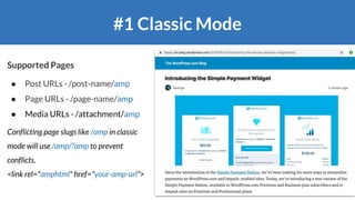 #1 Classic Mode
Supported Pages
● Post URLs - /post-name/amp
● Page URLs - /page-name/amp
● Media URLs - /attachment/amp
C...