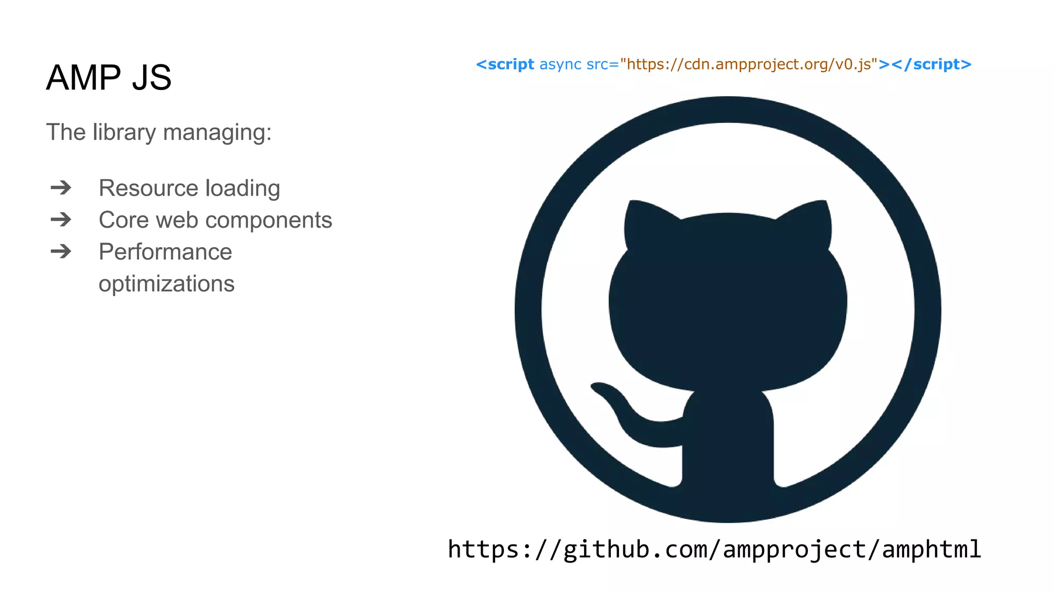 AMP JS
The library managing:
➔ Resource loading
➔ Core web components
➔ Performance
optimizations
https://github.com/ampproject/amphtml
<script async src="https://cdn.ampproject.org/v0.js"></script>
 