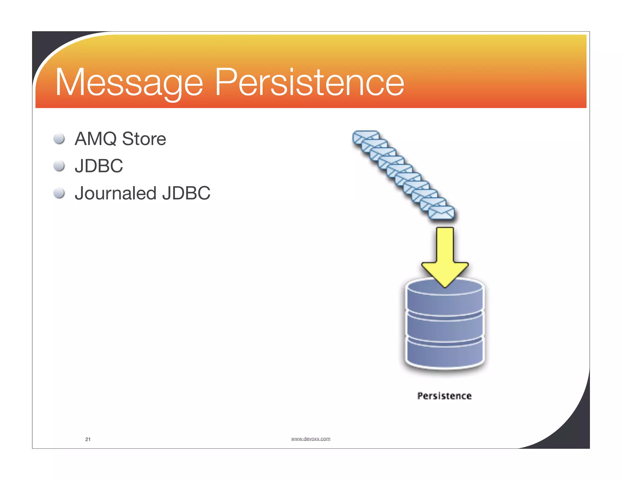 Message Persistence AMQ Store JDBC Journaled JDBC 21 www.devoxx.com 