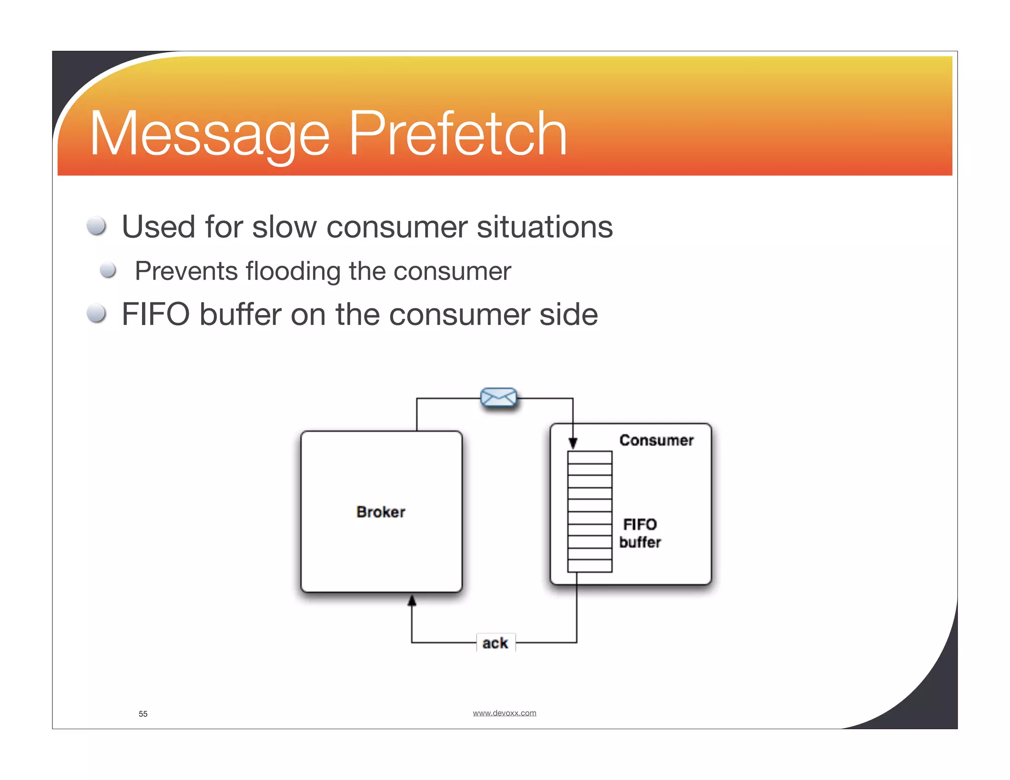 Message Prefetch Used for slow consumer situations Prevents ﬂooding the consumer FIFO buffer on the consumer side 55 www.devoxx.com 