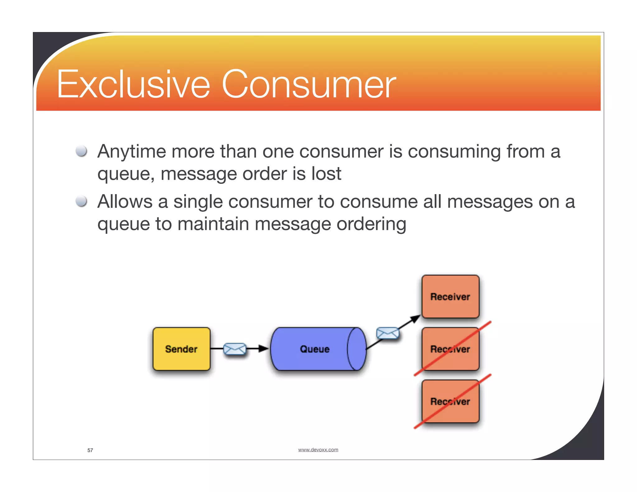 Exclusive Consumer Anytime more than one consumer is consuming from a queue, message order is lost Allows a single consumer to consume all messages on a queue to maintain message ordering 57 www.devoxx.com 