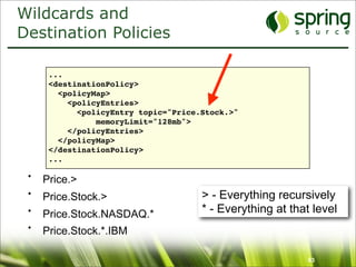Wildcards and
Destination Policies

      ...
      <destinationPolicy>
        <policyMap>
          <policyEntries>
            <policyEntry topic="Price.Stock.>"
                memoryLimit="128mb">
          </policyEntries>
        </policyMap>
      </destinationPolicy>
      ...

 •   Price.>
 •   Price.Stock.>                    > - Everything recursively
 •   Price.Stock.NASDAQ.*             * - Everything at that level
 •   Price.Stock.*.IBM

                                                           63
 