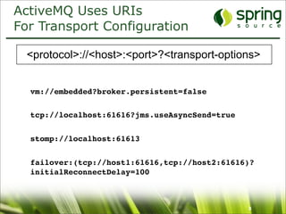 ActiveMQ Uses URIs
For Transport Configuration

  <protocol>://<host>:<port>?<transport-options>


  vm://embedded?broker.persistent=false

  tcp://localhost:61616?jms.useAsyncSend=true


  stomp://localhost:61613


  failover:(tcp://host1:61616,tcp://host2:61616)?
  initialReconnectDelay=100



                                                8
 