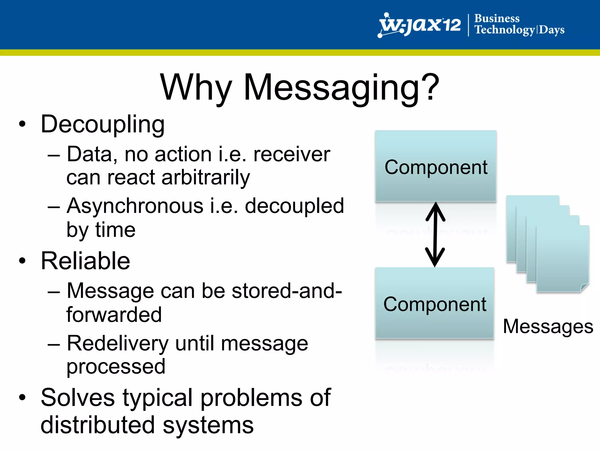 Why Messaging?
•  Decoupling
  –  Data, no action i.e. receiver
                                     Component
     can react arbitrarily
  –  Asynchronous i.e. decoupled
     by time
•  Reliable
  –  Message can be stored-and-
                                     Component
     forwarded
                                                 Messages
  –  Redelivery until message
     processed
•  Solves typical problems of
   distributed systems
 