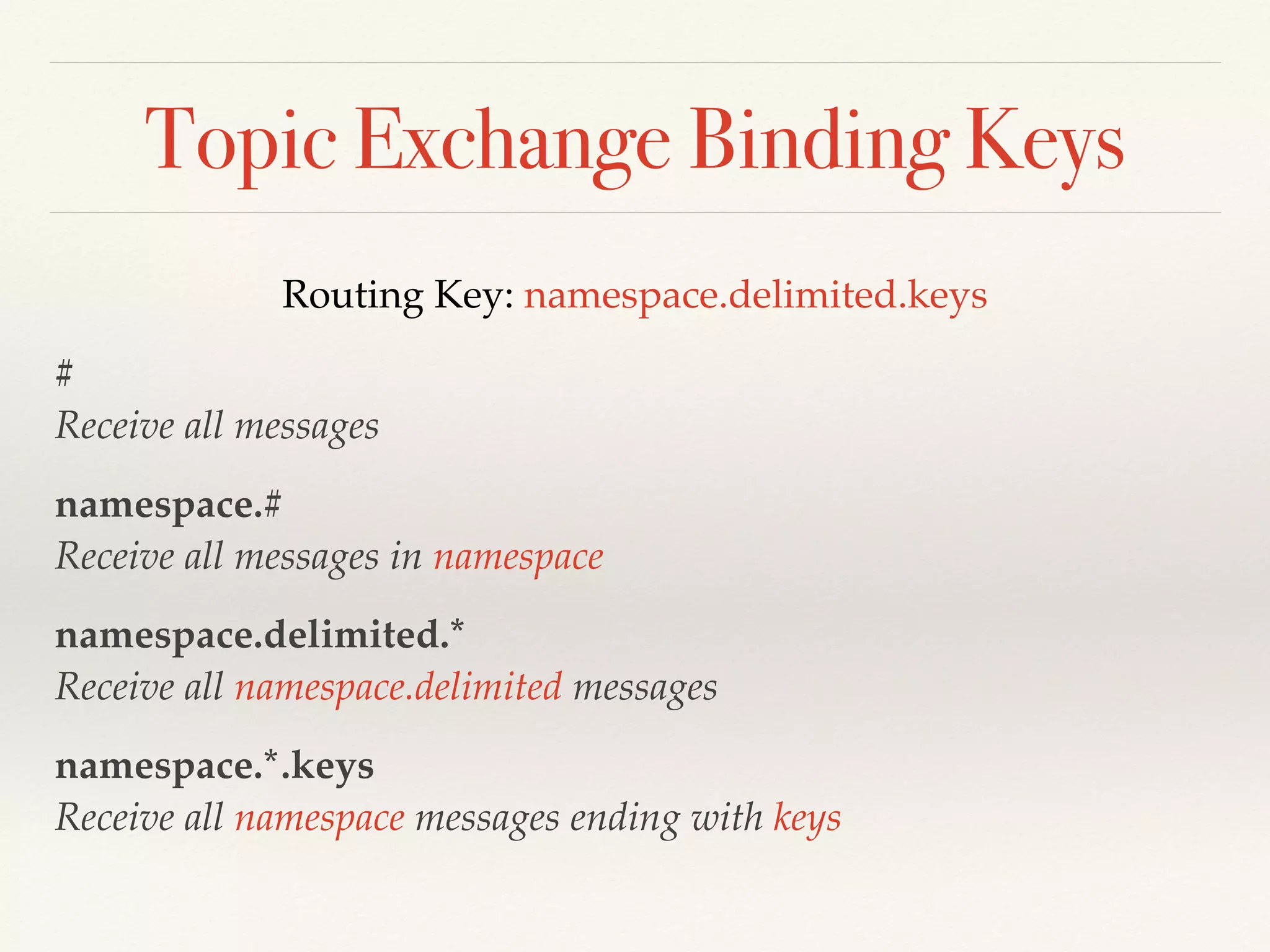 Topic Exchange Binding Keys
Routing Key: namespace.delimited.keys
# 
Receive all messages
namespace.# 
Receive all messages in namespace
namespace.delimited.* 
Receive all namespace.delimited messages
namespace.*.keys 
Receive all namespace messages ending with keys
 