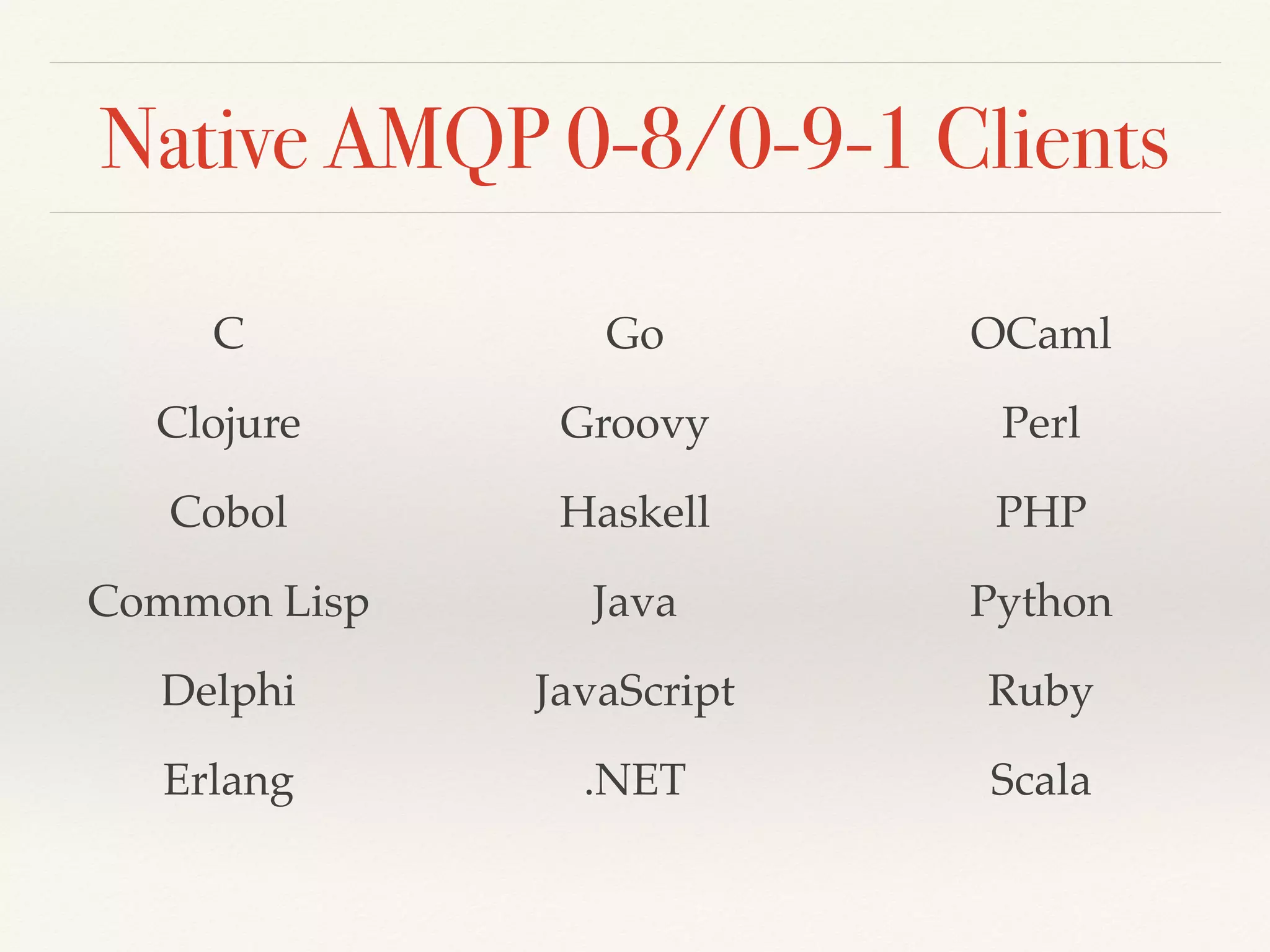 Native AMQP 0-8/0-9-1 Clients
C
Clojure
Cobol
Common Lisp
Delphi
Erlang
Go
Groovy
Haskell
Java
JavaScript
.NET
OCaml
Perl
PHP
Python
Ruby
Scala
 