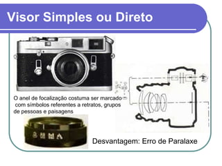 Visor Simples ou Direto




 O anel de focalização costuma ser marcado
 com símbolos referentes a retratos, grupos
 de pessoas e paisagens




                               Desvantagem: Erro de Paralaxe
 