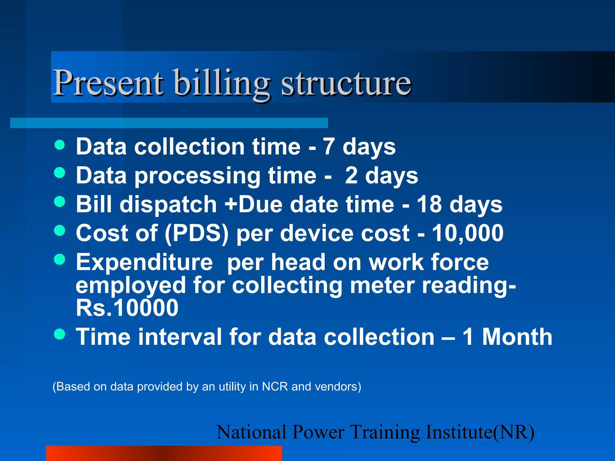 National Power Training Institute(NR)
Present billing structurePresent billing structure
• Data collection time - 7 days
 Data processing time - 2 days
 Bill dispatch +Due date time - 18 days
 Cost of (PDS) per device cost - 10,000
 Expenditure per head on work force
employed for collecting meter reading-
Rs.10000
 Time interval for data collection – 1 Month
(Based on data provided by an utility in NCR and vendors)
 