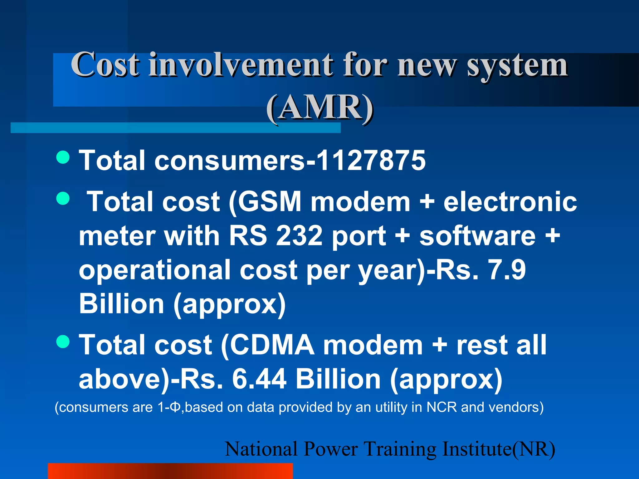 National Power Training Institute(NR)
Cost involvementCost involvement for new systemfor new system
(AMR)(AMR)
Total consumers-1127875
 Total cost (GSM modem + electronic
meter with RS 232 port + software +
operational cost per year)-Rs. 7.9
Billion (approx)
Total cost (CDMA modem + rest all
above)-Rs. 6.44 Billion (approx)
(consumers are 1-Φ,based on data provided by an utility in NCR and vendors)
 