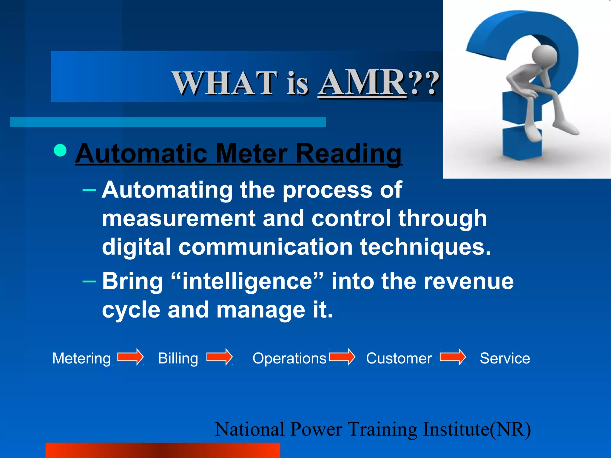 National Power Training Institute(NR)
WHAT isWHAT is AMRAMR????
Automatic Meter Reading
– Automating the process of
measurement and control through
digital communication techniques.
– Bring “intelligence” into the revenue
cycle and manage it.
Metering Billing Operations Customer Service
 