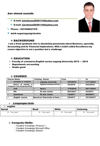 Amr ahmed mostafa
E-mail: amrelsawy20201144@yahoo.com
E-mail: amrahmed20201144@yahoo.com
Phone: +201068627470
dairb negm/zagazig/sharkia
? BACKGROUND
I am a fresh graduate who is absolutely passionate about Business, specially
Accounting and its Financial implications. With a habit called Excellence my
career objective is not a position but a challenge
? EDUCATION
? Faculty of commerce English secion zagazig University 2012  2016
? Department: accounting
? Grade: good
? COURSES
Course Name Training Center From ? To
? principles of computer ? zagazig university ? 16/9/2012 ? 11/11/2012
? Basics of working in
companies and entrepreneurship
? Egyptian banking institute ? 4/9/2016 ? 25/9/2016
? Icdl ? Sesco ? 17/9/2016 ? 20/11/2016
? Pfa ? El atar center ? 20/2/2017 ? 4/4/2017
? peachtree ? El atar center ? 1/8/2017 ? 30/8/2017
? English course American University in Cairo ? 2/8/2017 ? 15/10/2017
? . LanguagesSkills
? english
Speak Read Write Listening
? Very good ? Very good ? Very good ? Very good
? Computer Skills:
Excellent Knowledge Windows 7 .
.
Excellent Knowledge Network
 
