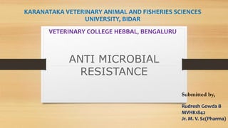 ANTI MICROBIAL
RESISTANCE
KARANATAKA VETERINARY ANIMAL AND FISHERIES SCIENCES
UNIVERSITY, BIDAR
VETERINARY COLLEGE HEBBAL, BENGALURU
Submitted by,
Rudresh Gowda B
MVHK1842
Jr. M. V. Sc(Pharma)
 