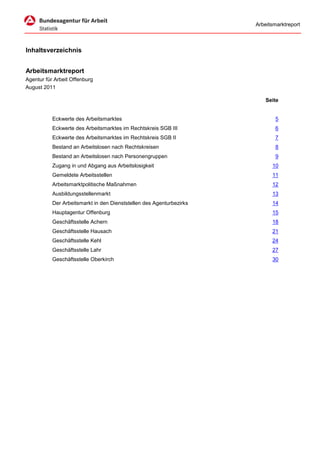 Arbeitsmarktreport



Inhaltsverzeichnis


Arbeitsmarktreport
Agentur für Arbeit Offenburg
August 2011

                                                                          Seite


           Eckwerte des Arbeitsmarktes                                        5
           Eckwerte des Arbeitsmarktes im Rechtskreis SGB III                 6
           Eckwerte des Arbeitsmarktes im Rechtskreis SGB II                  7
           Bestand an Arbeitslosen nach Rechtskreisen                         8
           Bestand an Arbeitslosen nach Personengruppen                       9
           Zugang in und Abgang aus Arbeitslosigkeit                        10
           Gemeldete Arbeitsstellen                                         11
           Arbeitsmarktpolitische Maßnahmen                                 12
           Ausbildungsstellenmarkt                                          13
           Der Arbeitsmarkt in den Dienststellen des Agenturbezirks         14
           Hauptagentur Offenburg                                           15
           Geschäftsstelle Achern                                           18
           Geschäftsstelle Hausach                                          21
           Geschäftsstelle Kehl                                             24
           Geschäftsstelle Lahr                                             27
           Geschäftsstelle Oberkirch                                        30
 