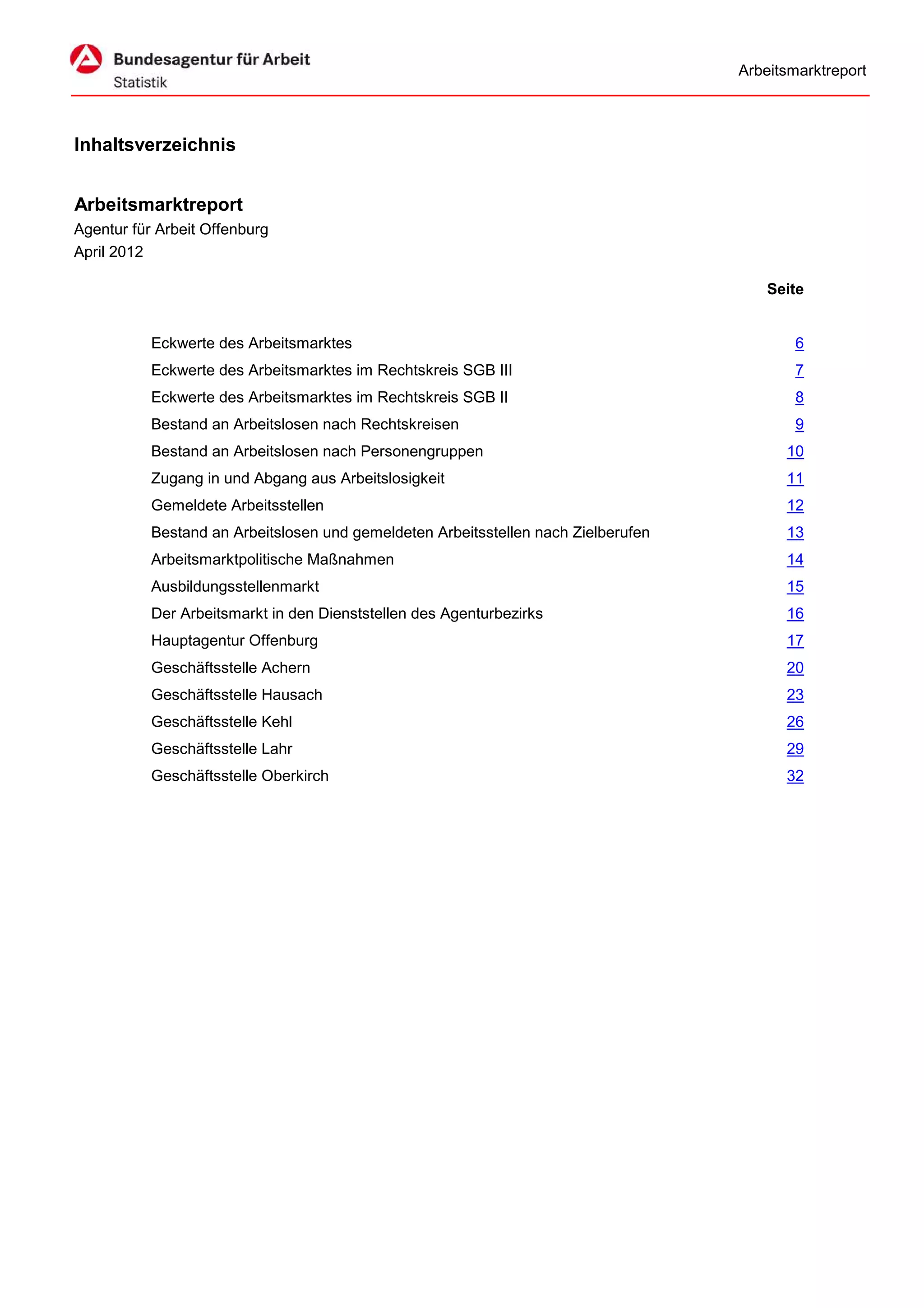 Arbeitsmarktreport



Inhaltsverzeichnis


Arbeitsmarktreport
Agentur für Arbeit Offenburg
April 2012

                                                                                        Seite


           Eckwerte des Arbeitsmarktes                                                      6
           Eckwerte des Arbeitsmarktes im Rechtskreis SGB III                               7
           Eckwerte des Arbeitsmarktes im Rechtskreis SGB II                                8
           Bestand an Arbeitslosen nach Rechtskreisen                                       9
           Bestand an Arbeitslosen nach Personengruppen                                   10
           Zugang in und Abgang aus Arbeitslosigkeit                                      11
           Gemeldete Arbeitsstellen                                                       12
           Bestand an Arbeitslosen und gemeldeten Arbeitsstellen nach Zielberufen         13
           Arbeitsmarktpolitische Maßnahmen                                               14
           Ausbildungsstellenmarkt                                                        15
           Der Arbeitsmarkt in den Dienststellen des Agenturbezirks                       16
           Hauptagentur Offenburg                                                         17
           Geschäftsstelle Achern                                                         20
           Geschäftsstelle Hausach                                                        23
           Geschäftsstelle Kehl                                                           26
           Geschäftsstelle Lahr                                                           29
           Geschäftsstelle Oberkirch                                                      32
 