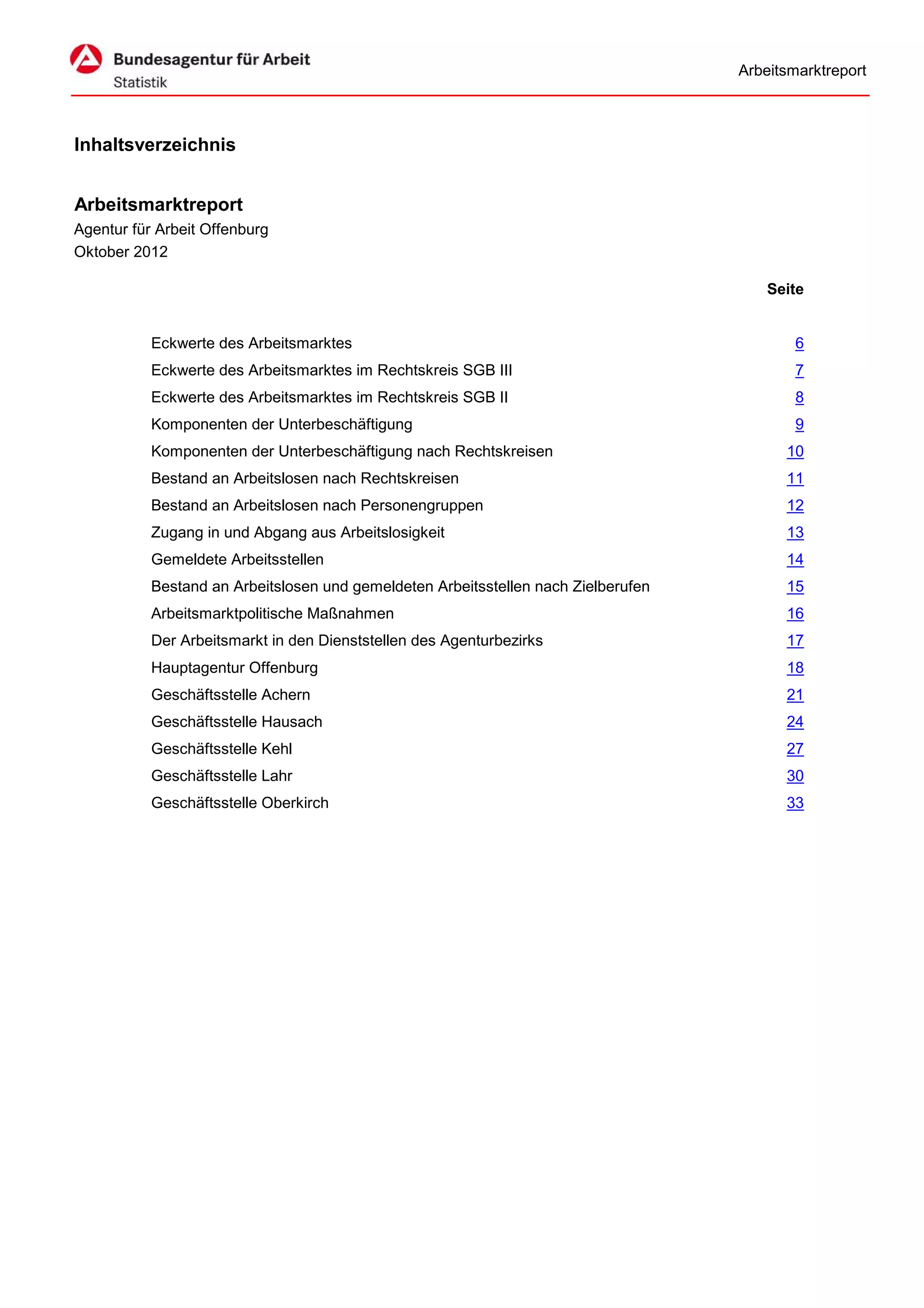 Arbeitsmarktreport



Inhaltsverzeichnis


Arbeitsmarktreport
Agentur für Arbeit Offenburg
Oktober 2012

                                                                                        Seite


           Eckwerte des Arbeitsmarktes                                                      6
           Eckwerte des Arbeitsmarktes im Rechtskreis SGB III                               7
           Eckwerte des Arbeitsmarktes im Rechtskreis SGB II                                8
           Komponenten der Unterbeschäftigung                                               9
           Komponenten der Unterbeschäftigung nach Rechtskreisen                          10
           Bestand an Arbeitslosen nach Rechtskreisen                                     11
           Bestand an Arbeitslosen nach Personengruppen                                   12
           Zugang in und Abgang aus Arbeitslosigkeit                                      13
           Gemeldete Arbeitsstellen                                                       14
           Bestand an Arbeitslosen und gemeldeten Arbeitsstellen nach Zielberufen         15
           Arbeitsmarktpolitische Maßnahmen                                               16
           Der Arbeitsmarkt in den Dienststellen des Agenturbezirks                       17
           Hauptagentur Offenburg                                                         18
           Geschäftsstelle Achern                                                         21
           Geschäftsstelle Hausach                                                        24
           Geschäftsstelle Kehl                                                           27
           Geschäftsstelle Lahr                                                           30
           Geschäftsstelle Oberkirch                                                      33
 