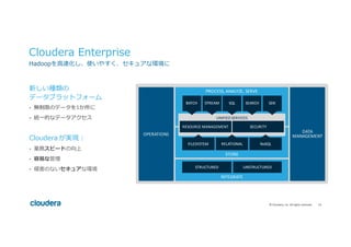 14	©	Cloudera,	Inc.	All	rights	reserved.	
Cloudera Enterprise
Hadoopを⾼速化し、使いやすく、セキュアな環境に
OPERATIONS
DATA+
MANAGEMENT
STRUCTURED UNSTRUCTURED
PROCESS,+ANALYZE,+SERVE
UNIFIED+SERVICES
RESOURCE+MANAGEMENT SECURITY
FILESYSTEM RELATIONAL NoSQL
STORE
INTEGRATE
BATCH STREAM SQL SEARCH SDK
新しい種類の
データプラットフォーム
•  無制限のデータを1か所に
•  統⼀的なデータアクセス
Cloudera が実現：
•  業務スピードの向上
•  容易な管理
•  侵害のないセキュアな環境
 