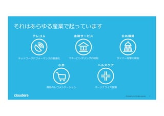 3	©	Cloudera,	Inc.	All	rights	reserved.	
それはあらゆる産業で起っています
テ レ コ ム
ネットワークパフォーマンスの最適化
⾦ 融 サ ー ビ ス
マネーロンダリングの検知
公 共 機 関
サイバー攻撃の検知
⼩ 売
商品のレコメンデーション
ヘ ル ス ケ ア
パーソナライズ医療
 
