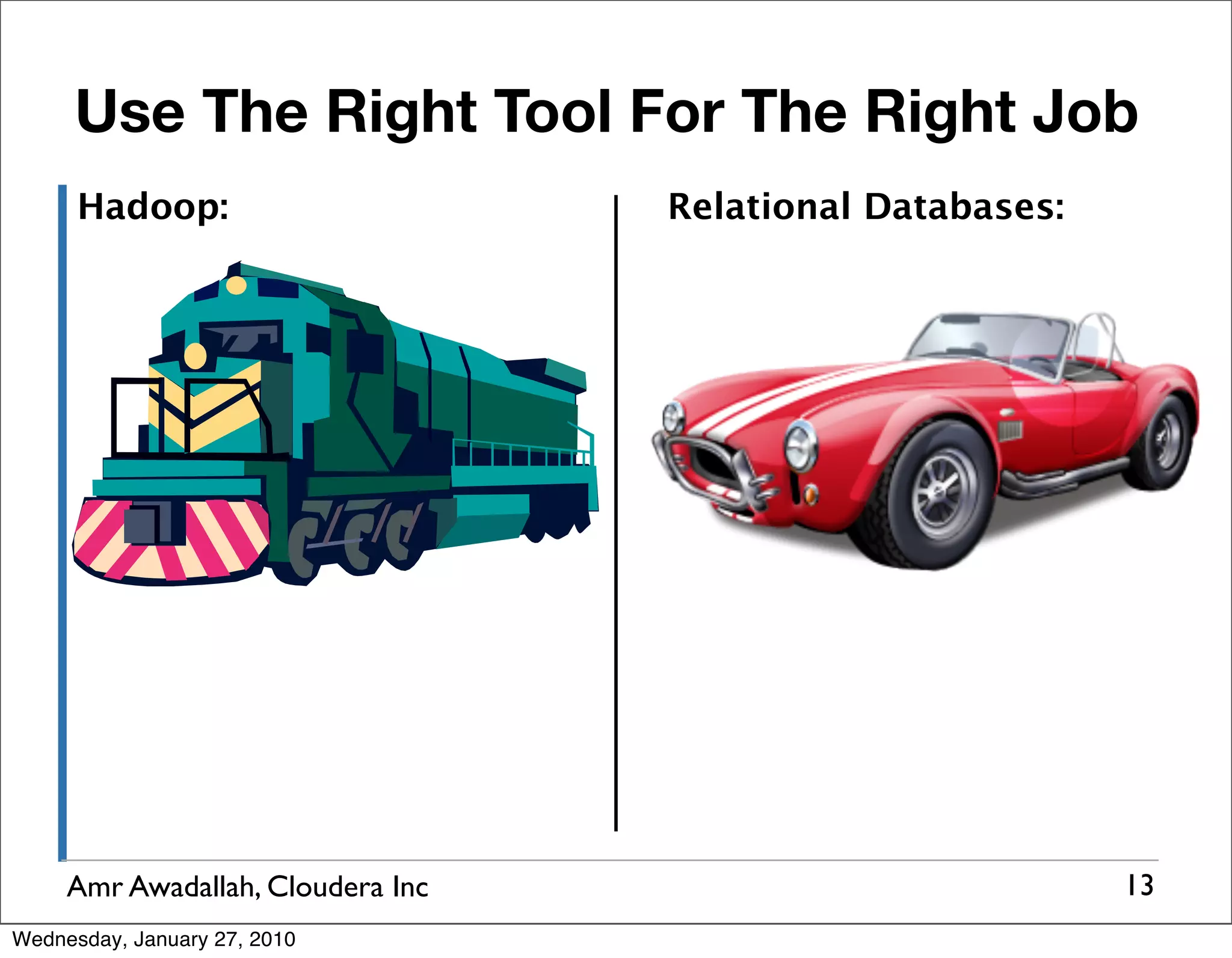 Use The Right Tool For The Right Job Hadoop: Relational Databases: Amr Awadallah, Cloudera Inc 13 Wednesday, January 27, 2010 