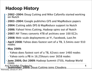 Hadoop History
      ▪   2002-2004: Doug Cutting and Mike Cafarella started working
          on Nutch
      ▪   2003-2004: Google publishes GFS and MapReduce papers
      ▪   2004: Cutting adds DFS & MapReduce support to Nutch
      ▪   2006: Yahoo! hires Cutting, Hadoop spins out of Nutch
      ▪   2007: NY Times converts 4TB of archives over 100 EC2s
      ▪   2008: Web-scale deployments at Y!, Facebook, Last.fm
      ▪   April 2008: Yahoo does fastest sort of a TB, 3.5mins over 910
          nodes
      ▪   May 2009:
          ▪   Yahoo does fastest sort of a TB, 62secs over 1460 nodes
          ▪   Yahoo sorts a PB in 16.25hours over 3658 nodes
      ▪   June 2009, Oct 2009: Hadoop Summit (750), Hadoop World
          (500)
     Amr Awadallah, Cloudera Inc                                        6
      ▪   September 2009: Doug Cutting joins Cloudera
Wednesday, January 27, 2010
 