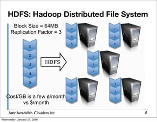 HDFS: Hadoop Distributed File System
       Block Size = 64MB
      Replication Factor = 3




   Cost/GB is a few ¢/month
         vs $/month
     Amr Awadallah, Cloudera Inc       8
Wednesday, January 27, 2010
 