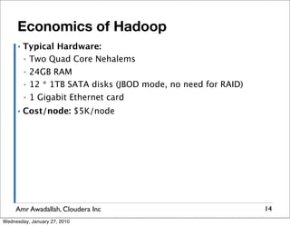 Economics of Hadoop
      ▪   Typical Hardware:
          ▪ Two Quad Core Nehalems

          ▪   24GB RAM
          ▪   12 * 1TB SATA disks (JBOD mode, no need for RAID)
          ▪   1 Gigabit Ethernet card
      ▪   Cost/node: $5K/node




     Amr Awadallah, Cloudera Inc                                  14
Wednesday, January 27, 2010
 