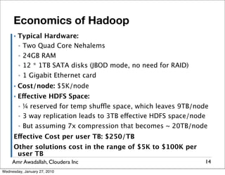 Economics of Hadoop
      ▪   Typical Hardware:
          ▪ Two Quad Core Nehalems

          ▪   24GB RAM
          ▪   12 * 1TB SATA disks (JBOD mode, no need for RAID)
          ▪   1 Gigabit Ethernet card
      ▪   Cost/node: $5K/node
      ▪   Effective HDFS Space:
          ▪   ¼ reserved for temp shuffle space, which leaves 9TB/node
          ▪   3 way replication leads to 3TB effective HDFS space/node
          ▪   But assuming 7x compression that becomes ~ 20TB/node
      Effective Cost per user TB: $250/TB
      Other solutions cost in the range of $5K to $100K per
       user TB
     Amr Awadallah, Cloudera Inc                                     14
Wednesday, January 27, 2010
 