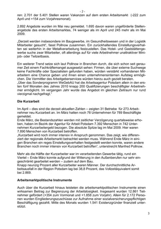 -2-
ren: 2.701 der 5.401 Stellen waren Vakanzen auf dem ersten Arbeitsmarkt (-222 zum
April und +154 zum Vorjahresmonat).

2.892 Angebote wurden im Mai neu gemeldet. 1.695 davon waren ungeförderte Stellen-
angebote des ersten Arbeitsmarktes, 74 weniger als im April und 245 mehr als im Mai
2009.

„Derzeit werden insbesondere im Baugewerbe, im Gesundheitswesen und in der Logistik
Mitarbeiter gesucht“, fasst Pollnow zusammen. Ein zurückhaltendes Einstellungsverhal-
ten sei weiterhin in der Metallverarbeitung festzustellen. Das Hotel- und Gaststättenge-
werbe suche zwar Mitarbeiter, oft allerdings auf für viele Arbeitnehmer unattraktiver Mini-
job- oder Teilzeitbasis.

Ein weiterer Trend setze sich laut Pollnow in Branchen durch, die sich schon seit gerau-
mer Zeit einem Fachkräftemangel ausgesetzt sehen: Firmen, die über externe Suchwege
keine Fachkräfte oder Spezialisten gefunden haben, würden verstärkt vorhandenen Mit-
arbeitern eine Chance geben und ihnen einen unternehmensinternen Aufstieg ermögli-
chen. Die Vermittler des Arbeitgeberservices würden hierzu auch gezielt beraten.
„Über das Sonderprogramm WeGebAU hat die Arbeitsagentur Potsdam allein in den ers-
ten fünf Monaten des Jahres 2010 knapp 200 Qualifizierungen beschäftigter Arbeitneh-
mer ermöglicht. Im vergangen Jahr wurde das Angebot im gleichen Zeitraum nur rund
vierzigmal nachgefragt.“

Die Kurzarbeit

Im April – dies sind die derzeit aktuellen Zahlen – zeigten 31 Betriebe für 273 Arbeit-
nehmer neu Kurzarbeit an. Im März hatten noch 78 Unternehmen für 789 Beschäftigte
gemeldet.
Ende März, die Bestandszahlen werden mit zeitlicher Verzögerung quartalsweise erho-
ben, haben im Bezirk der Agentur für Arbeit Potsdam 7.392 Menschen in 742 Unter-
nehmen Kurzarbeitergeld bezogen. Die absolute Spitze lag im Mai 2009. Hier waren
7.890 Menschen von Kurzarbeit betroffen.
„Kurzarbeit wird noch immer intensiv in Anspruch genommen. Das zeigt, wie differen-
ziert der regionale Arbeitsmarkt betrachtet werden muss. Während Ende März in eini-
gen Branchen ein reges Einstellungsverhalten festgestellt werden konnte, waren andere
Branchen noch immer intensiv von Kurzarbeit betroffen“, unterstreicht Manfred Pollnow.

Mehr als die Hälfte der Kurzarbeiter war im verarbeitenden Gewerbe tätig, rund ein
Viertel – Ende März konnte aufgrund der Witterung in den Außenberufen nur sehr ein-
geschränkt gearbeitet werden – zudem auf dem Bau.
Knapp neunzig Prozent aller Kurzarbeiter waren Männer. Der durchschnittliche Ar-
beitsausfall in der Region Potsdam lag bei 38,8 Prozent, das Vollzeitäquivalent somit
bei 2.869.

Arbeitsmarktpolitische Instrumente

Auch über die Kurzarbeit hinaus leisteten die arbeitsmarktpolitischen Instrumente einen
wirksamen Beitrag zur Begrenzung der Arbeitslosigkeit. Insgesamt wurden 12.861 Teil-
nehmer gefördert (+354 zum Vormonat und +1.858 zum Vorjahr). Allein für 2.172 Perso-
nen wurden Eingliederungszuschüsse zur Aufnahme einer sozialversicherungspflichtigen
Beschäftigung gezahlt. Mitte des Monats wurden 1.541 Existenzgründer finanziell unter-
stützt.

                                                                                              3
 