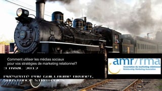 Comment utiliser les médias sociaux
 pour vos stratégies de marketing relationnel?
3 avril 2012

Présenté par Guillaume Brunet,
Substance stratégies
 