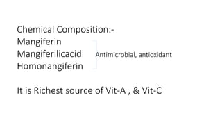 Chemical Composition:- 
Mangiferin 
Mangiferilicacid Antimicrobial, antioxidant 
Homonangiferin 
It is Richest source of Vit-A , & Vit-C 
 