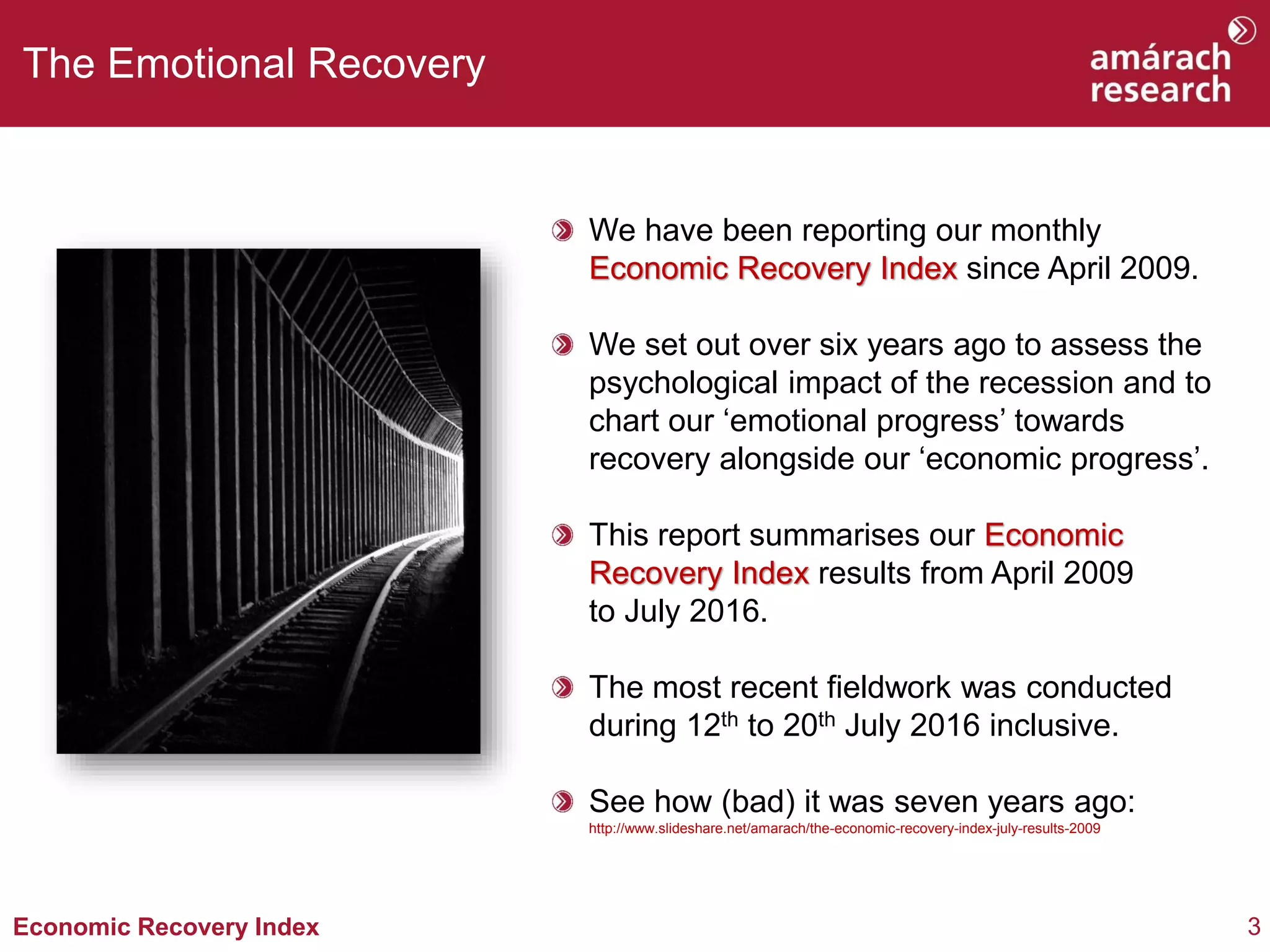 3Economic Recovery Index
The Emotional Recovery
We have been reporting our monthly
Economic Recovery Index since April 2009.
We set out over six years ago to assess the
psychological impact of the recession and to
chart our ‘emotional progress’ towards
recovery alongside our ‘economic progress’.
This report summarises our Economic
Recovery Index results from April 2009
to July 2016.
The most recent fieldwork was conducted
during 12th to 20th July 2016 inclusive.
See how (bad) it was seven years ago:
http://www.slideshare.net/amarach/the-economic-recovery-index-july-results-2009
 