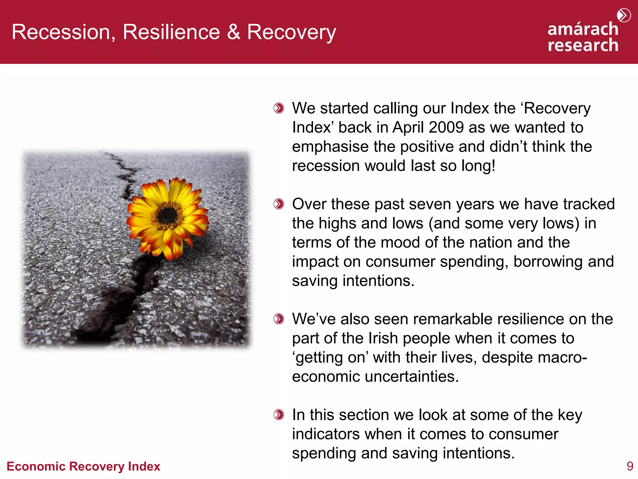 9Economic Recovery Index
Recession, Resilience & Recovery
We started calling our Index the ‘Recovery
Index’ back in April 2009 as we wanted to
emphasise the positive and didn’t think the
recession would last so long!
Over these past seven years we have tracked
the highs and lows (and some very lows) in
terms of the mood of the nation and the
impact on consumer spending, borrowing and
saving intentions.
We’ve also seen remarkable resilience on the
part of the Irish people when it comes to
‘getting on’ with their lives, despite macro-
economic uncertainties.
In this section we look at some of the key
indicators when it comes to consumer
spending and saving intentions.
 