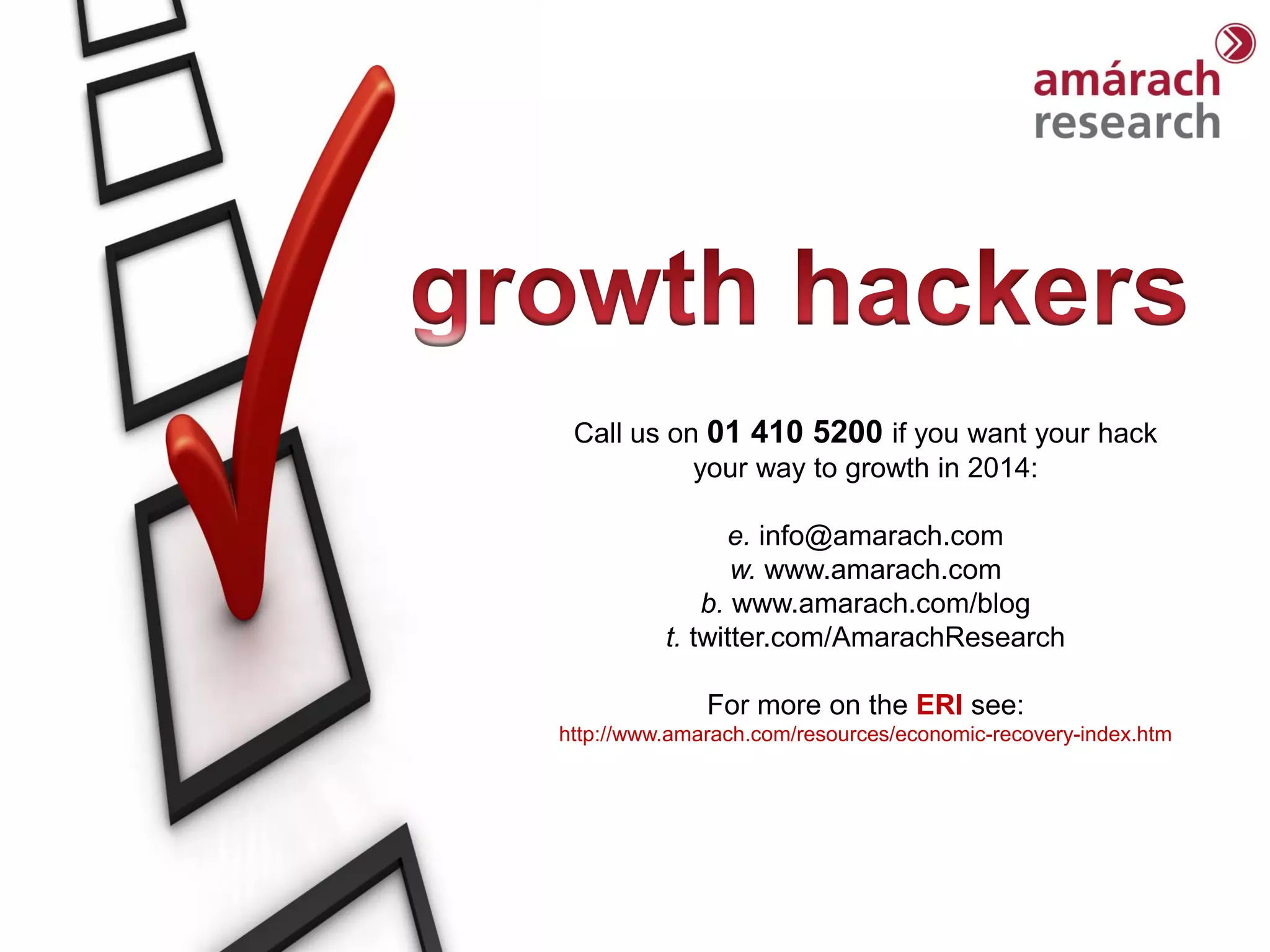 Trends Report

Call us on 01 410 5200 if you want your hack
your way to growth in 2014:
e. info@amarach.com
w. www.amarach.com
b. www.amarach.com/blog
t. twitter.com/AmarachResearch
For more on the ERI see:
http://www.amarach.com/resources/economic-recovery-index.htm

 