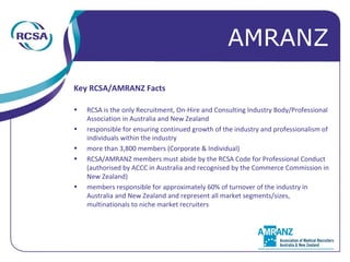 Key RCSA/AMRANZ Facts RCSA is the only Recruitment, On-Hire and Consulting Industry Body/Professional Association in Australia and New Zealand responsible for ensuring continued growth of the industry and professionalism of individuals within the industry more than 3,800 members (Corporate & Individual) RCSA/AMRANZ members must abide by the RCSA Code for Professional Conduct (authorised by ACCC in Australia and recognised by the Commerce Commission in New Zealand) members responsible for approximately 60% of turnover of the industry in Australia and New Zealand and represent all market segments/sizes, multinationals to niche market recruiters AMRANZ 