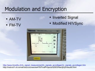 Modulation and Encryption
● AM-TV
● FM-TV
● Inverted Signal
● Modified H/VSync
http://www.2cool4u.ch/tv_signal_measurement/tv_signale_grundlagen/tv_signale_grundlagen.htm
http://instruct1.cit.cornell.edu/courses/ee476/FinalProjects/s2003/fww3jhy5/results.html
 